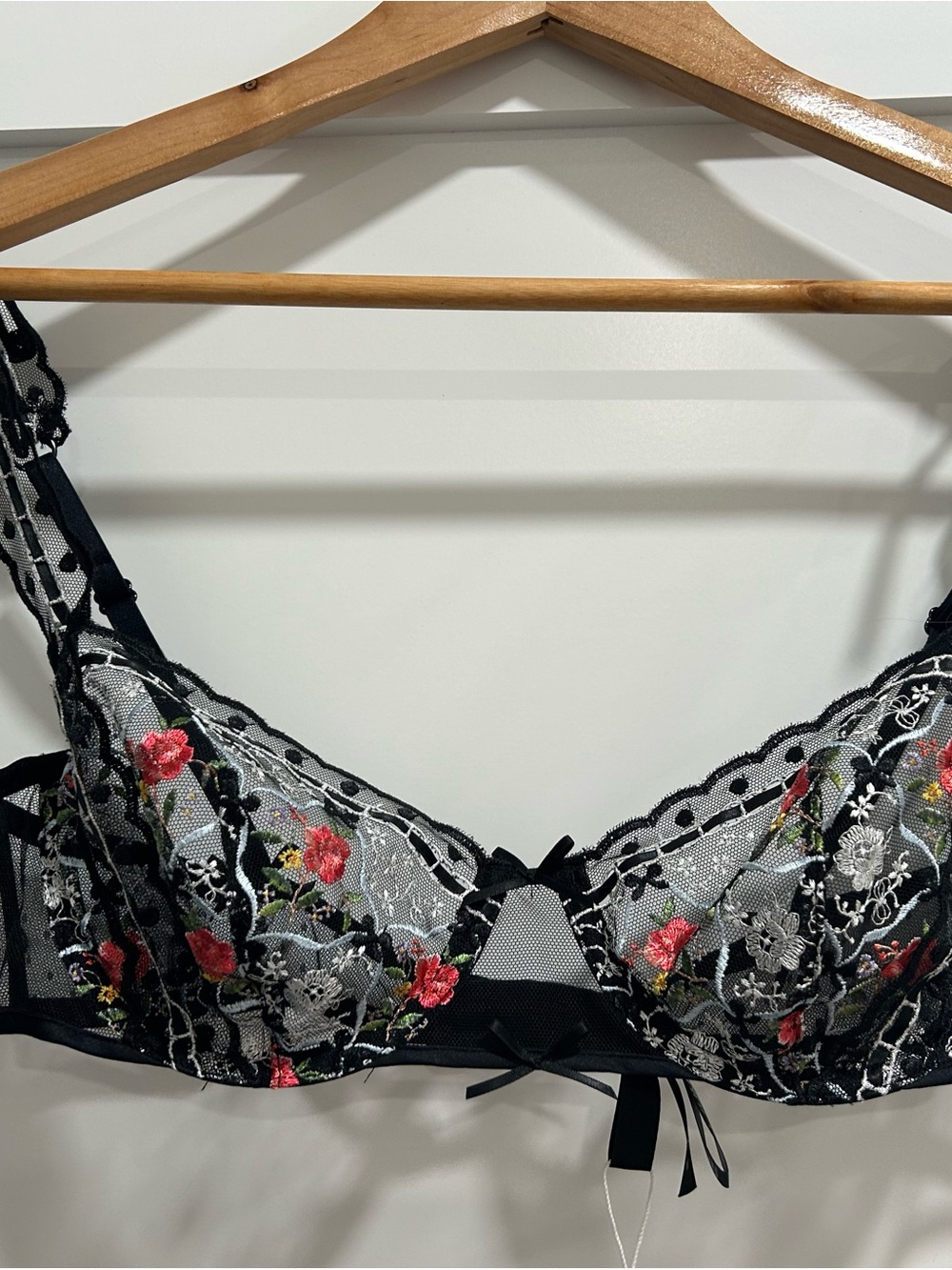 For Love And Lemons Black Lace Sheer Bra with Red Floral Embroidery
